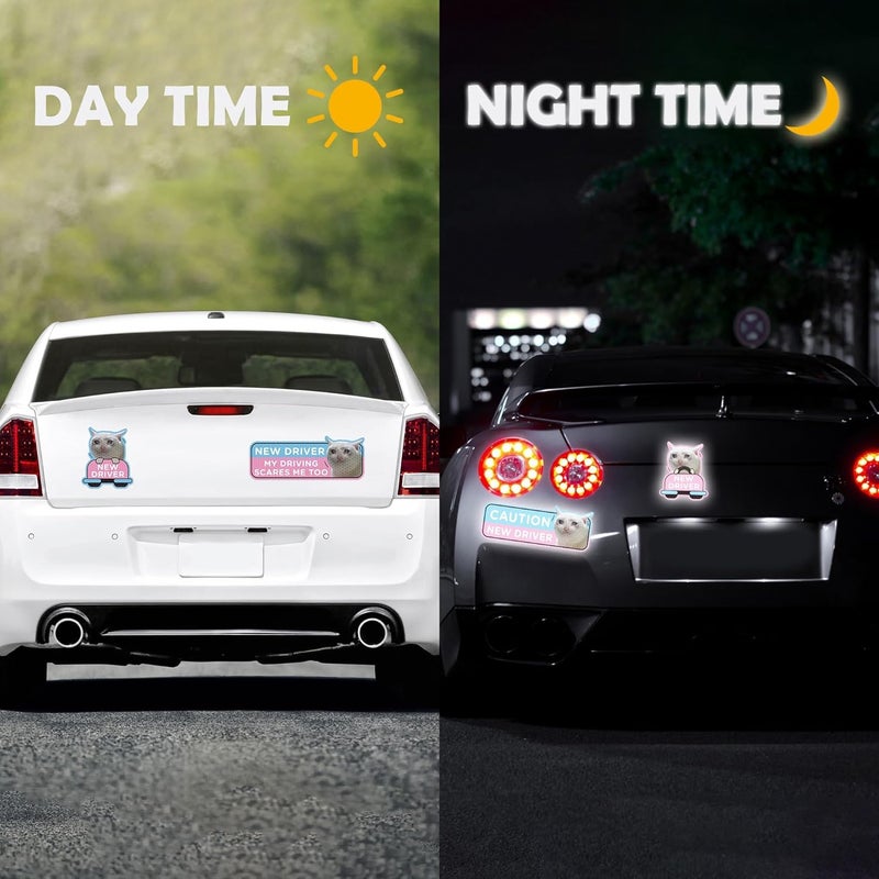CNhoqc New Driver Car Magnet Reflective Student Driver Sign for Car Bumper Cartoon New Driver Reusable Magnet Sticker for Bumper Safety Sign (4Pcs Crying Cat) - Image 4
